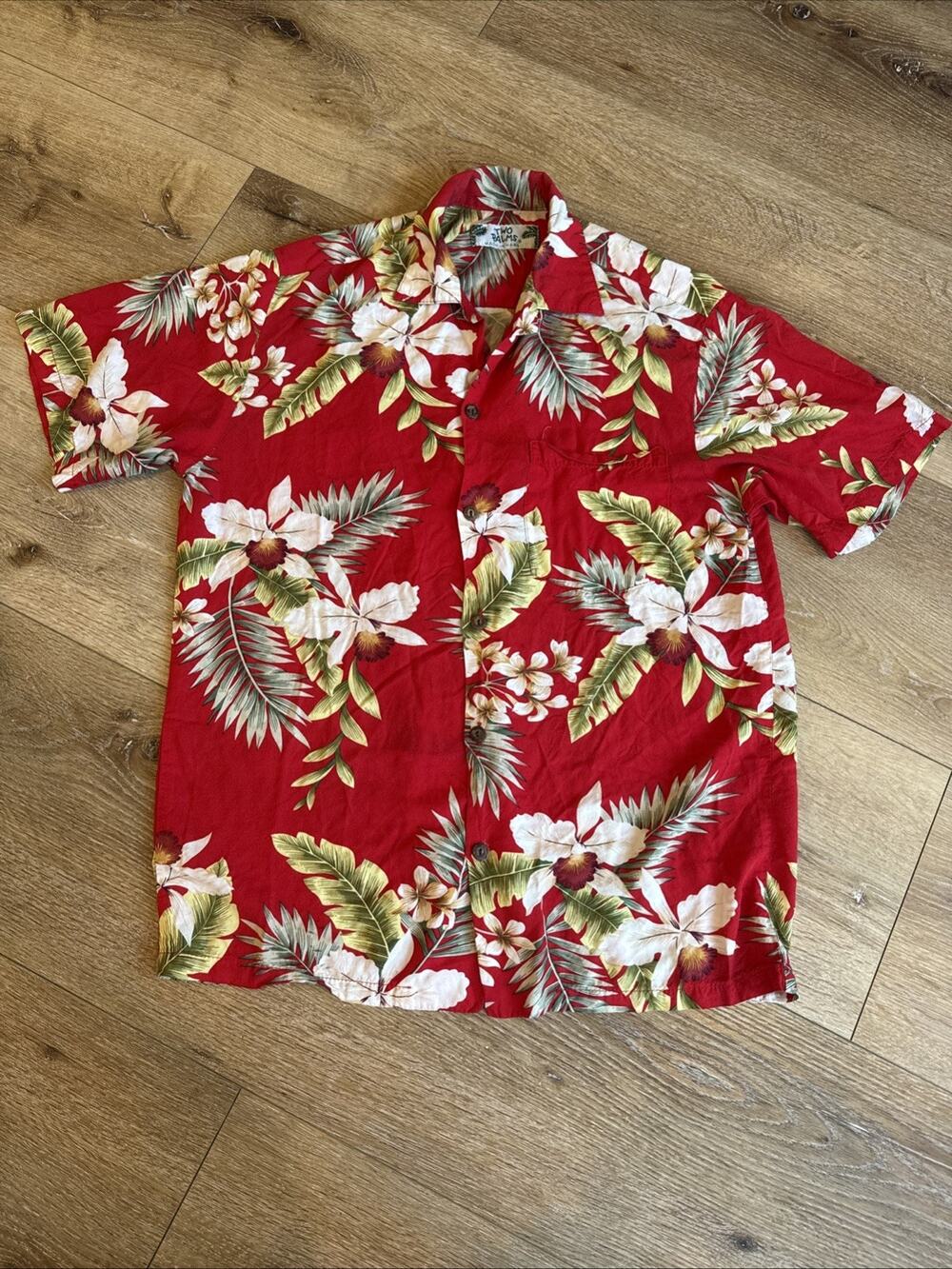 Vintage Two Palms Hawaiian Shirt Mens S Red Orchid Floral Rayon Made In Hawaii